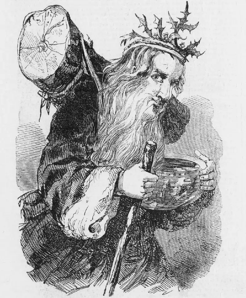 Victorian line drawing of Father Christmas carrying yule log