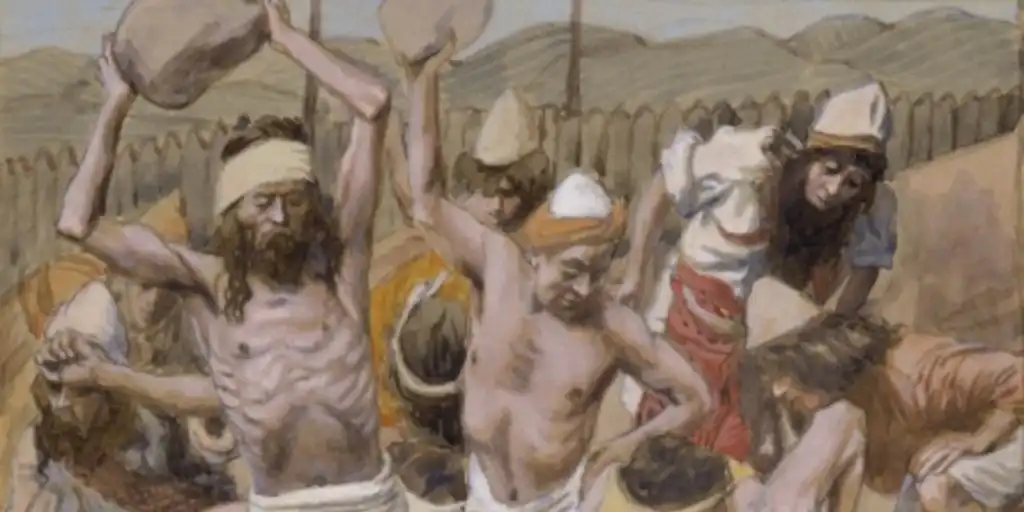 Painting of a crowd angry men about to kill a man lying supine with a rock